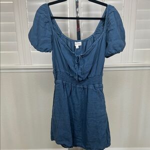 Cloth & Stone by Aeropostale Indigo 100% Linen Puff Sleeve Mini Dress